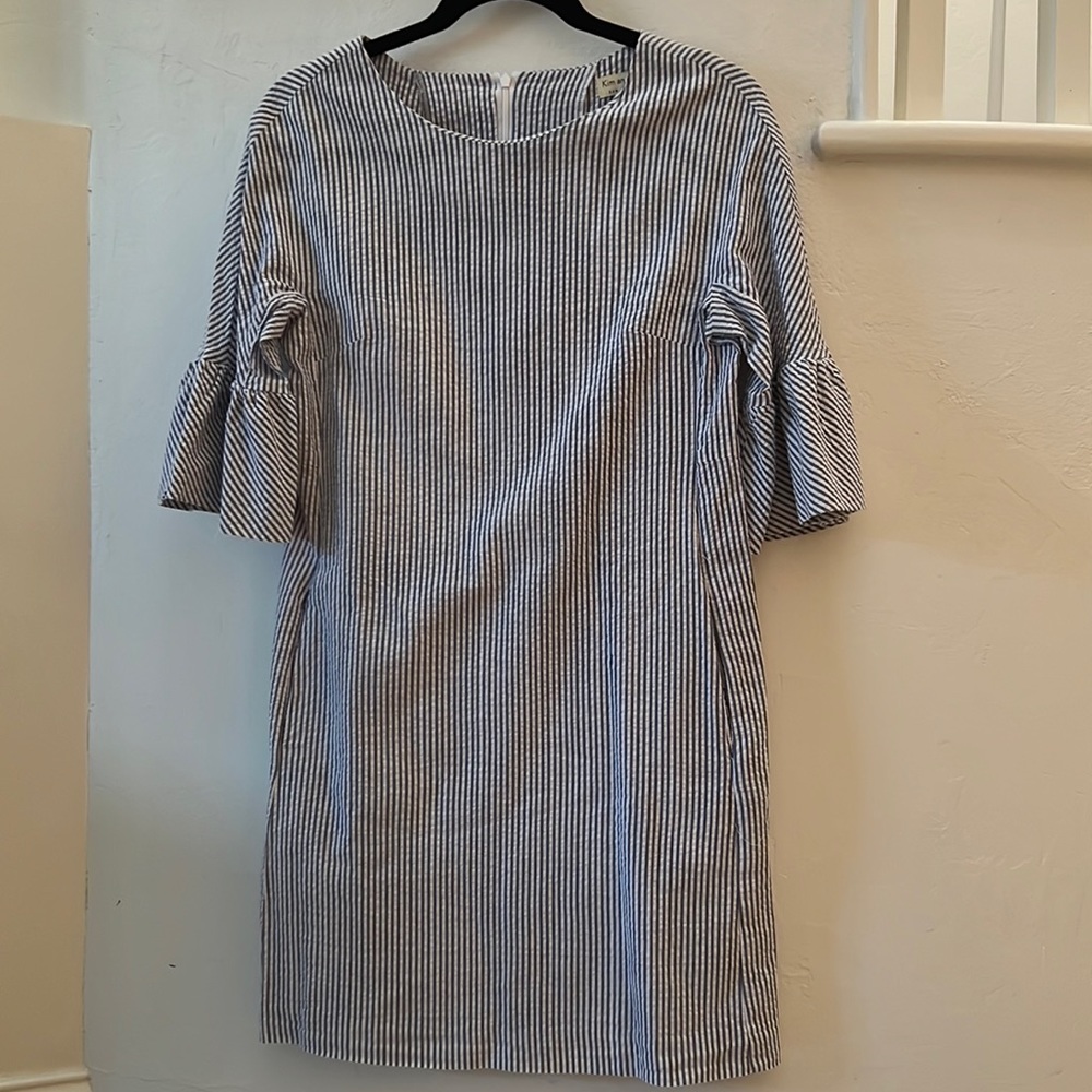 Kim and Proper Blue Seersucker Dress with Short Bell Sleeves XXS